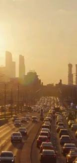Golden city skyline with sunset and traffic in vibrant urban scene.