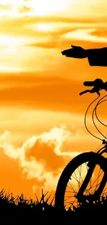 Silhouette of two cyclists against a golden sunset.