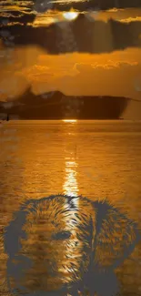 Golden sunset with dog silhouette reflected on water.