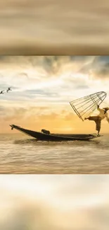 A fisherman balances on a boat at sunset with a cage and birds in a golden sky scene.