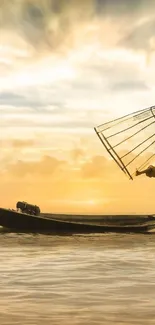 Fisherman on a boat during a golden sunset, casting a serene reflection on the water.