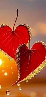 Heart-shaped red leaves with golden dew against a sunset background.