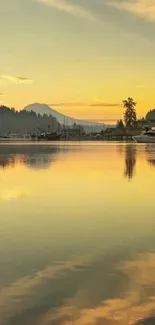 Tranquil sunset over a serene lake, reflecting golden hues and peaceful scenery.