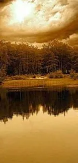 A golden sunset over a tranquil lake, reflecting the forest's silhouette.