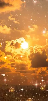 Golden sunset with clouds and sparkling stars wallpaper.