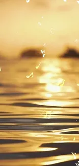 Golden sunset with waves and floating music notes in a tranquil ocean setting.