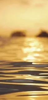 Golden ocean sunset reflecting warm light on calm water surface.