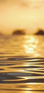 Golden sunset reflection on calm water surface with warm hues.