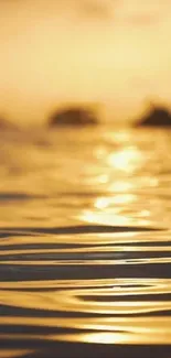 Golden sunset reflecting over calm water with blurred distant horizon.