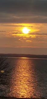 Golden sunset reflecting over a tranquil water surface.