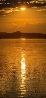 Golden sunset reflecting on a serene lake.