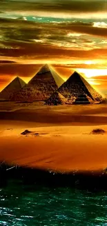 Golden sunset over pyramids in desert landscape.