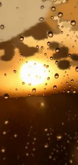 Mobile wallpaper with raindrops against a golden sunset sky.