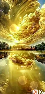 Golden sunset with clouds reflecting on a tranquil lake.