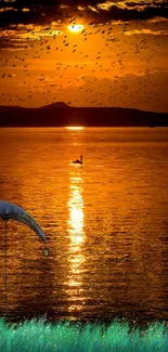 Golden sunset reflecting on a serene lake with a swan.