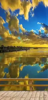 Golden sunset with water reflection, calm and serene view.