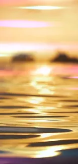 Golden sunset reflecting on rippling water with warm colors and serene ambiance.