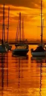 Golden sunset over water with sailboats reflected.