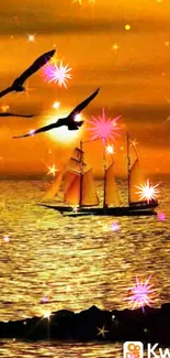 Golden sunset with sailboat and birds on the sea surrounded by sparkles.