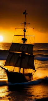 Classic ship sails into a golden sunset over the ocean, creating a serene scene.