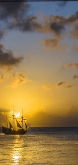 Ship sailing into a golden sunset over the ocean with dramatic clouds.