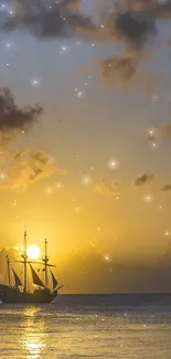 Silhouette of a ship at sunset over the sea with golden sky.