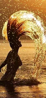 Silhouette of person flicking hair in water at golden sunset.