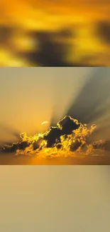 Golden sunset sky with clouds and sun rays in mobile wallpaper.