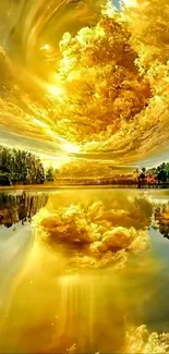 Golden sunset with clouds reflecting on a serene lake view.