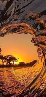 Golden wave capturing a sunset over trees.