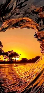 Golden sunset through crashing wave with silhouetted trees.