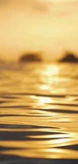 Golden sunset reflecting on ocean waves, creating a serene and warm ambiance.