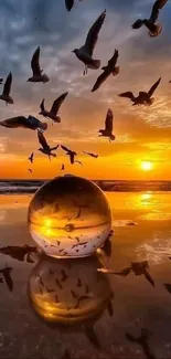 Mobile wallpaper of a golden sunset with birds and ocean reflection.