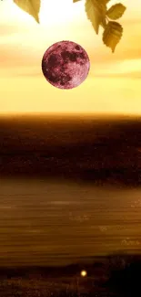 Golden sunset with red moon wallpaper for mobile.