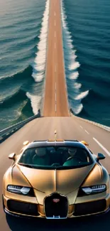 A golden supercar speeds along a coastal road with ocean waves.