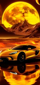 Golden supercar on alien landscape with moonlit background.