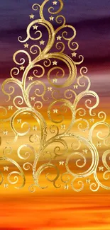 Abstract golden swirl art with vibrant orange and purple hues.