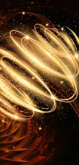 Golden swirl abstract art wallpaper with radiant light patterns.