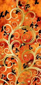 Artistic wallpaper with golden swirls and bird silhouettes on orange.