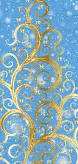 Golden swirls on a blue wallpaper background with snowflakes.