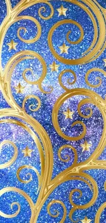 Intricate golden swirls on a starry blue background.