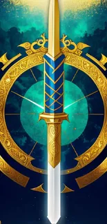 Golden sword and symbols on rich blue fantasy background.