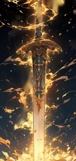 Majestic golden sword amidst fiery glow on dark background.