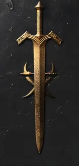 Golden medieval sword on a textured dark wall.