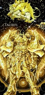 Golden armored Taurus warrior on starry background.