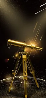 Golden telescope in cosmic spotlight art.