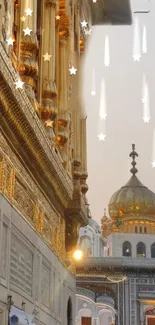 Golden Temple with stars at dawn, showcasing serene architectural beauty.