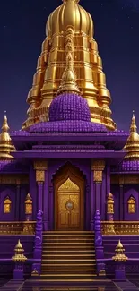 Golden temple illuminated against purple night sky, showcasing intricate architecture.