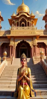 Golden temple with serene figure on steps, capturing spiritual beauty.