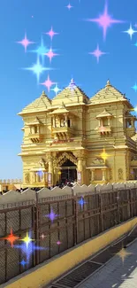 Golden temple under a vibrant blue sky, showcasing cultural architecture.